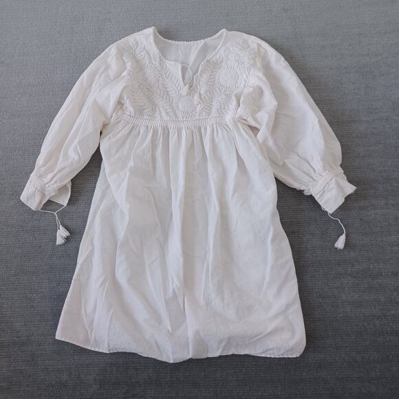 Traditional Mexican Dress Women M/L White Midi Embroidery Fringe Trim Resort - Picture 1 of 5